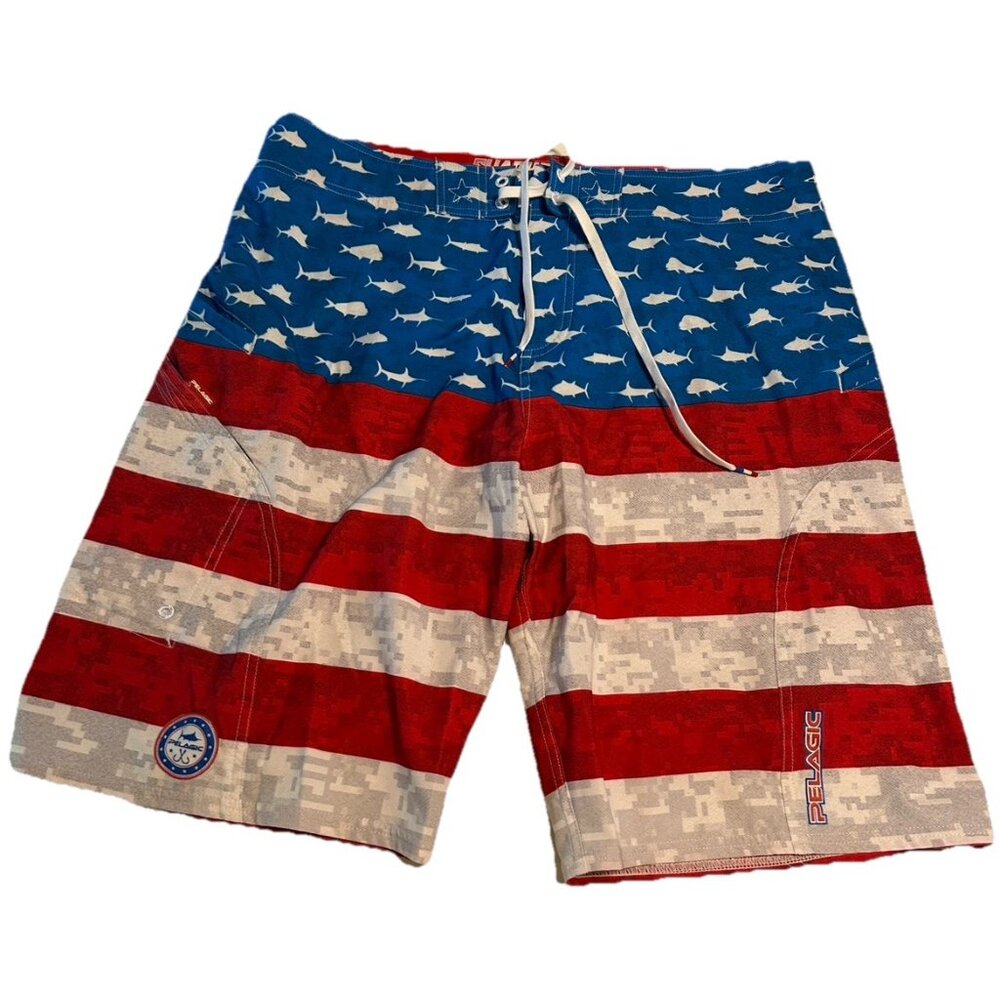 Pelagic Sharkskin Americamo Swim Trunks Board Shorts Mens 36  Flag Game Fish